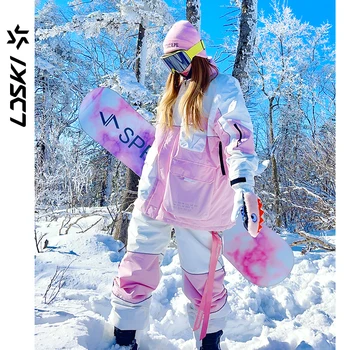 Лыжный костюм LDSKI Для женщин и мужчин, Водонепроницаемая Утолщенная Теплая Светоотражающая Ветрозащитная Лыжная одежда С капюшоном, Снаряжение для сноуборда, Лыжная куртка и брюки