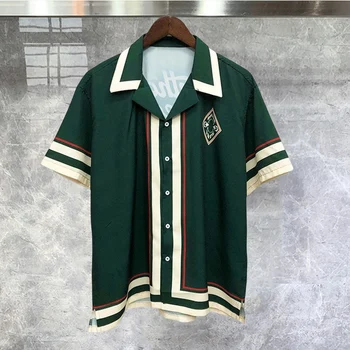 Повседневная Мужская рубашка 2023 Зеленого Контрастного Цвета В стиле Ретро С Принтом, Уличная Одежда С Коротким Рукавом, Camisa Masculina, Moda Hombre