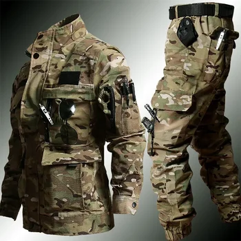 Военный камуфляжный костюм, мужская Тактическая форма, Комплекты спецодежды, куртка с несколькими карманами, комбинезон для бега трусцой, 2 предмета для военной подготовки