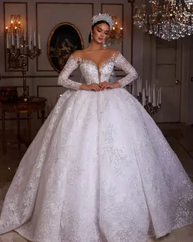 Блестящие кружевные свадебные платья с глубоким V-образным вырезом, свадебное платье на заказ, расшитое бисером, Sweatheart Vestido De Novia