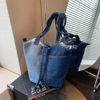 2023 Новая джинсовая маленькая сумка-тоут для женщин, джинсовые сумки через плечо, джинсовая сумка-ведро, женская повседневная дизайнерская сумка и кошелек