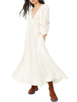 Женское кружевное платье Макси с пышными рукавами и V-образным вырезом, платье в стиле бохо, струящиеся весенне-осенние платья с карманами