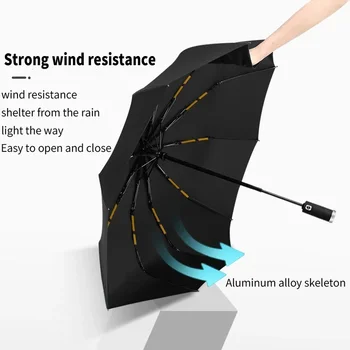 Высококачественный 10-костяной Прочный Креативный Автоматический Зонт-Фонарик LED Umbrella Бизнес-Зонт Sunshade Umbrella Три Складных Зонта