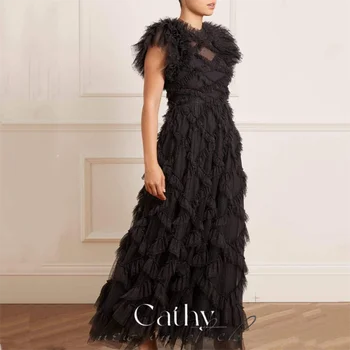 Элегантное многослойное свадебное платье Cathy Black без рукавов с высоким воротом из плиссированного тюля с волнистой точкой
