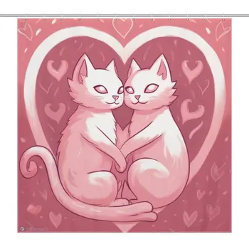 Занавеска для душа Love Cat на День Святого Валентина, Водонепроницаемая Ванная комната, Романтическое Красно-Розовое сердечко с крючками из 12шт.