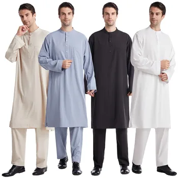 Мусульманский халат Арабские мужчины Тобе Рамадан Комплект из двух предметов Однотонная арабская Пакистанская Саудовская Курбан Байрам Турецкая Абая Мужская исламская одежда