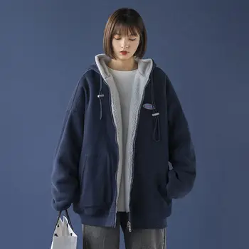 2021 Новое осенне-зимнее пальто с капюшоном корейской версии Плюс бархатное свободное шикарное зимнее однотонное пальто из овечьей шерсти, женская одежда