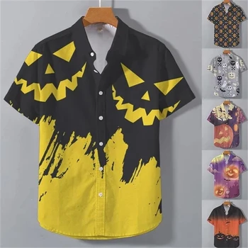 Мужские повседневные летние рубашки с 3D принтом на Хэллоуин, повседневный модный кардиган большого размера с короткими рукавами, приталенная рубашка, мужская футболка