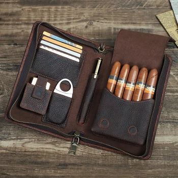 Кожаный хьюмидор, держатель для сигар из 5 предметов с застежкой-молнией на запястье, многофункциональный дорожный футляр для сигар