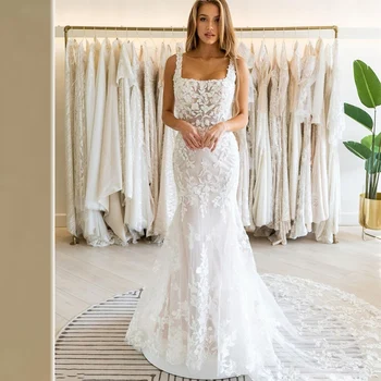 Элегантное свадебное платье Aviana с квадратным воротником и кружевными аппликациями 2023 года без рукавов на тонких бретельках с длинным шлейфом