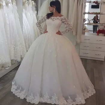 Кружевное бальное платье с иллюзией шеи и открытыми плечами, Свадебное платье с длинным рукавом, свадебное платье большого размера