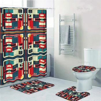 Современный набор для ванной комнаты из четырех частей середины века, занавеска для душа, чехол для сиденья унитаза, коврик для ванной, Красный Модернистский Минимализм