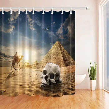 Занавеска для душа с пейзажем Африканской пустыни Белое облако Голубое небо Солнце Орел Верблюд Путешественник Пирамиды Череп Пустынные занавески для ванной комнаты