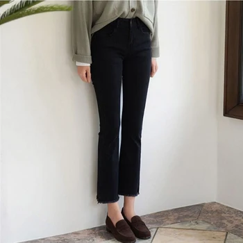 2023 Женские джинсовые брюки с эластичной высокой талией, офисные Женские Корейские простые повседневные джинсы, женские черные винтажные брюки