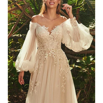 Элегантное свадебное платье С длинными пышными рукавами и глубоким V-образным вырезом, кружевная аппликация, Свадебное длинное платье, кружевная аппликация со шлейфом из тюля, Свадебное платье De Mariée