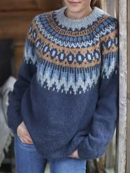 Зимний Женский повседневный стиль с длинными рукавами, акриловый материал, 2024, новый модный пуловер с круглым вырезом, свободный свитер с принтом