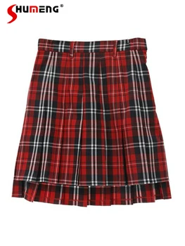 Плиссированная юбка в стиле японского колледжа, студенточки, Осень и зима 2023, новые винтажные юбки в клетку трапециевидной формы с высокой талией, утягивающие