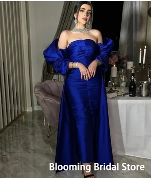 Элегантное Голубое Вечернее Платье-Футляр Со Складками Из Натуральной Тафты На Талии Длиной до пола