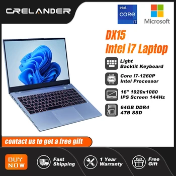 Ноутбук CRELANDER Core i7 12th 13th Gen 2K IPS Экран DDR4 16GB 32GB 2TB SSD Windows 11 Металлический Ноутбук для Геймеров Ноутбук Компьютер