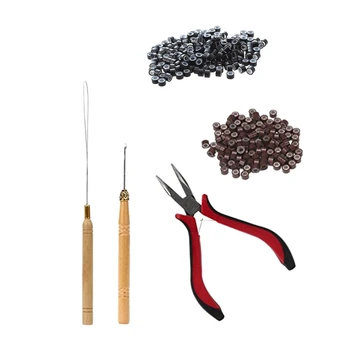 1 Набор инструментов для наращивания волос, зажимной крючок, булавка и 200 шт черных звеньев с микро-кольцами на силиконовой подкладке диаметром 5 мм, бусины, линки