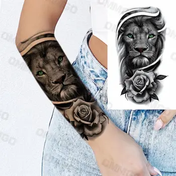 Временные татуировки в виде 3D черного льва и розы Для мужчин и женщин, Поддельная татуировка в виде совы и тигровой короны, реалистичное украшение для боди-арта, Бумага для татуировок