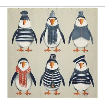Забавные Пингвины в шарфах, морские животные, Занавеска для душа, Водонепроницаемые занавески для ванной, Тканевый набор для декора ванной комнаты Холодной зимой, 12 шт. крючков