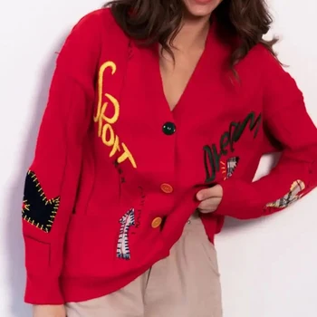 Женский вязаный свитер с V-образным вырезом и пуговицами, осенние жаккардовые топы с надписью Twist, пуловер, Зимний женский джемпер с длинным рукавом, кардиган