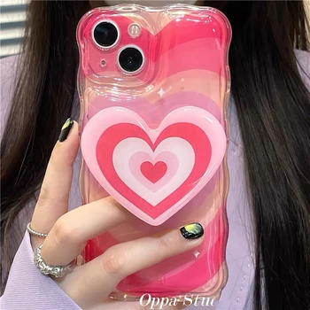 Корейский Милый Градиентный Чехол Love Heart Clear Soft Case Для iPhone 14 Pro Max 12 13 11 С Кольцом-Держателем И Подставкой, Роскошный Прозрачный Чехол Coque