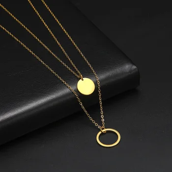 Двойное круглое ожерелье из нержавеющей стали Геометрический кулон Двойная цепочка Простая мода для женщин мужчин Подарок ювелирных изделий золотого цвета