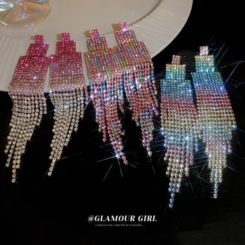 Роскошные сверкающие градиентные серьги с кисточками из розовых кристаллов, модные женские серьги со стразами, высококачественные украшения для банкетов и вечеринок