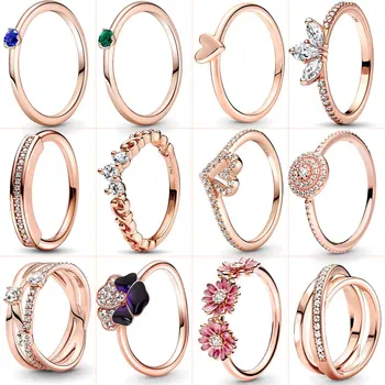 Новое кольцо серебристого цвета, покрытое розовым золотом, сверкающий циркон, принцесса, поперечный рычаг, сердечко, кольцо Для женщин, оригинальные ювелирные украшения Pandor