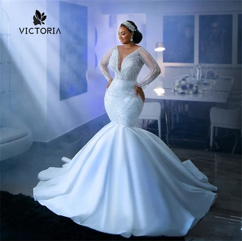 Великолепные, расшитые бисером свадебные платья Африканской русалки с длинным рукавом для помолвки, свадебные платья Robe Vestidos De Novia свадебное
