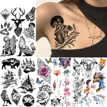 Временные татуировки GoldOcean Black Rabbit Branch Mountain Наклейки с изображением животных Лося, Поддельные Татуировки, Водонепроницаемые Женские Мужские татуировки боди-арта