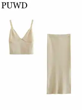 PUWD, женские модные однотонные трикотажные блузки без рукавов, юбка с высокой талией, Летние Винтажные бежевые женские комплекты из двух предметов
