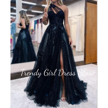 Black Glitter Tulle Side Split A-line Prom Dress One Shoulder Floor Length Evening Dress For Women платье женское вечернее