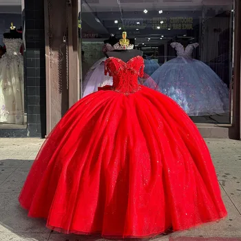 Принцесса Красное Пышное Платье С Короткими Рукавами, Расшитое Блестками И Бисером, Милое Атласное Платье 16 Vestidos De 15 Años