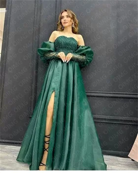 OIMG Зеленые блестящие бусины Длинные платья для выпускного вечера А силуэта Саудовско-Арабские Вечерние платья с длинными рукавами Вечернее коктейльное платье