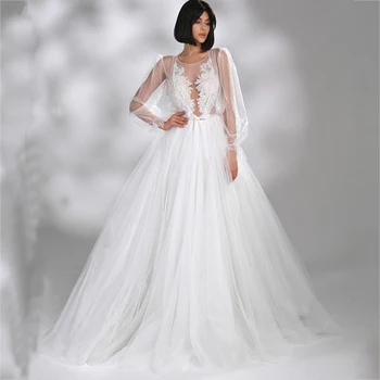 Винтажные свадебные платья С длинными пышными рукавами, иллюзорный дизайн спины, Красивая аппликация, свадебное платье со шлейфом трапециевидной формы