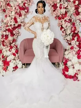 Романтическое свадебное платье с высоким воротом и стразами в виде Русалки, Vestidos De Novia, длинные рукава, 2024, арабские свадебные платья Aso Ebi