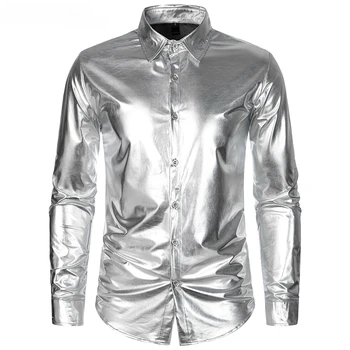 Блестящий Серебристый металлик Disco Shiny 2023 New 70 's Party Костюм на Хэллоуин Сорочка Homme Рубашки для выступлений на сцене