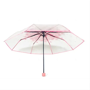 Ручной 3-х кратный женский зонт от солнца и дождя с защитой от ультрафиолета, цветущая вишня, прозрачный дождевик для женщины