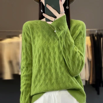 100% чистый свитер, осенне-зимний новый женский жаккардовый свитер с круглым вырезом, свободное вязаное короткое пальто большого размера.