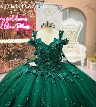 Зеленое бальное платье принцессы с открытыми плечами, пышные платья, расшитые бисером платья знаменитостей, вечерние платья с 3D цветами, выпускное платье 15 ноября