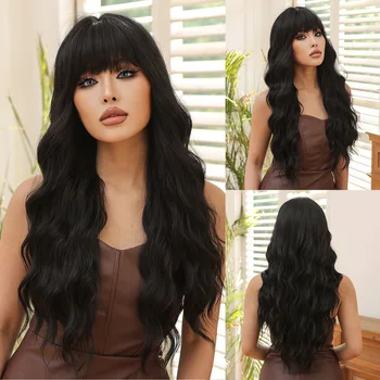 КУБИК для ВОЛОС, натуральный черный, длинные волнистые синтетические парики для женщин, объемная волна, темно-коричневые парики для косплея, повседневные волосы с челкой, Термостойкие