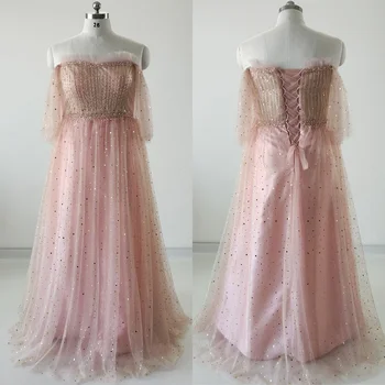 Вечернее платье Feelingarden, большие размеры, Розовые блестящие бусины, вырез лодочкой, Короткие рукава, трапециевидное платье длиной до пола, Женское вечернее платье для вечеринок