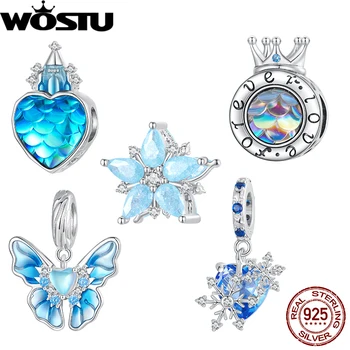 Талисманы WOSTU из стерлингового серебра 925 пробы в виде снежинки и бабочки, синие хрустальные бусины в виде снежной короны, подходят к оригинальному браслету Winter World