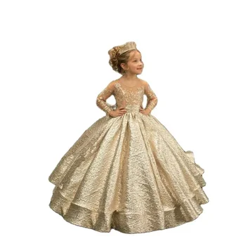 Изысканные длинные платья принцессы с цветочным узором для девочек, Аппликация из блесток, бант, Бальное платье для свадебной вечеринки, длинный рукав, праздничный халат на День рождения