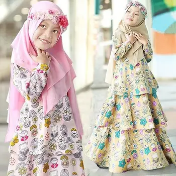 Комплект из 2 предметов Абая Хиджаб для детей Девочек Мусульманские платья для молитв с цветочным принтом Головной платок Исламские Детские праздничные одеяния Дубай Химар
