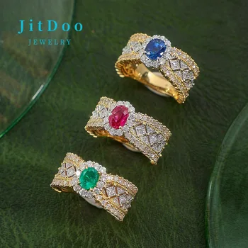 JitDoo, Винтажное кольцо золотого цвета для женщин, изысканные инкрустированные синим, красным, зеленым кристаллом Обручальные кольца, свадебные украшения для помолвки.