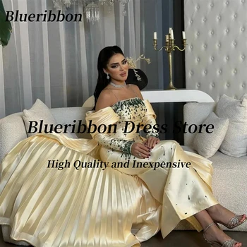 Blueribbon Robes De Soirée Роскошные Вечерние платья ручной работы, расшитые бисером, Длинные рукава, складки, шлейфы, Специальное Танцевальное платье для выпускного вечера